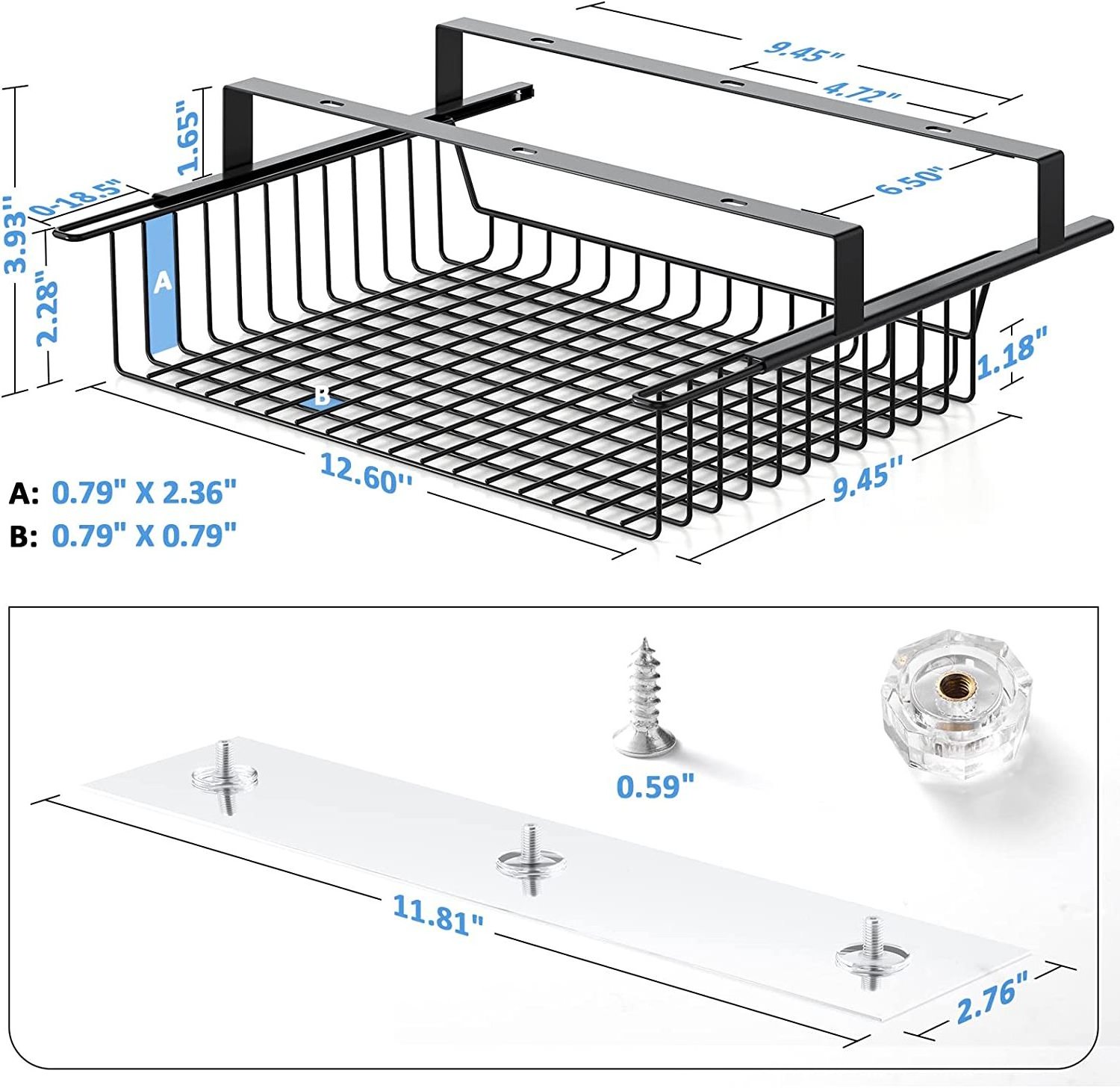 Under Table Storage Shelf Metal Under Desk Slideable Drawer No Drill Cable Management Tray Basket