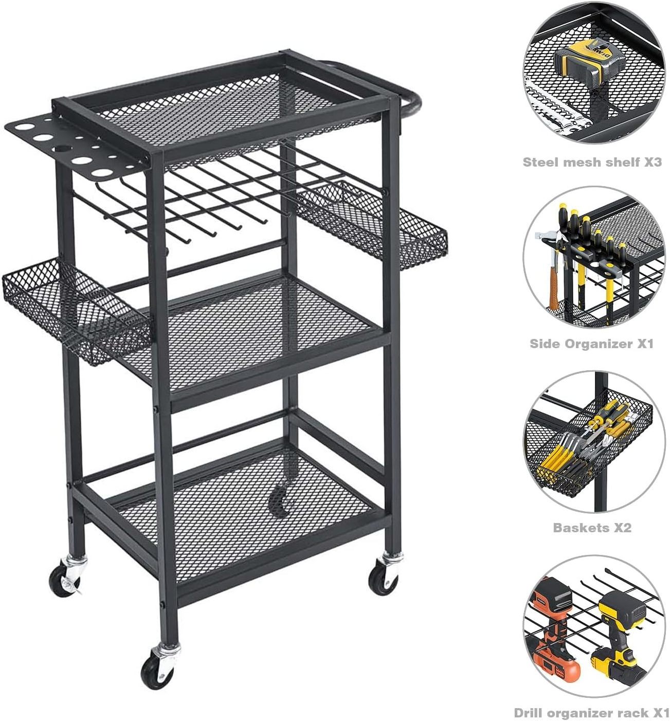 Power Tool Organizer Rolling Cart, Garage Tool Shelf Drill Holders Garage Storage Organization Shelves with Wheels