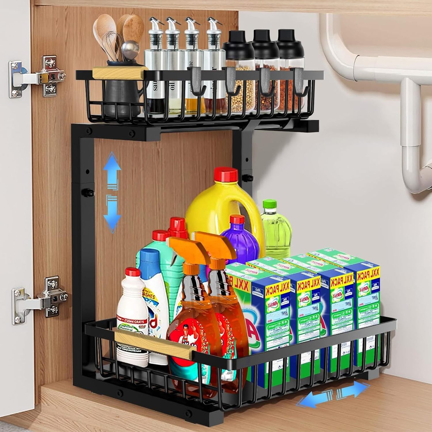 Slide Out Drawer Multi-Use Under Sink Storage Organizer Kitchen Bathroom Cabinet Organizer Steel Shelf