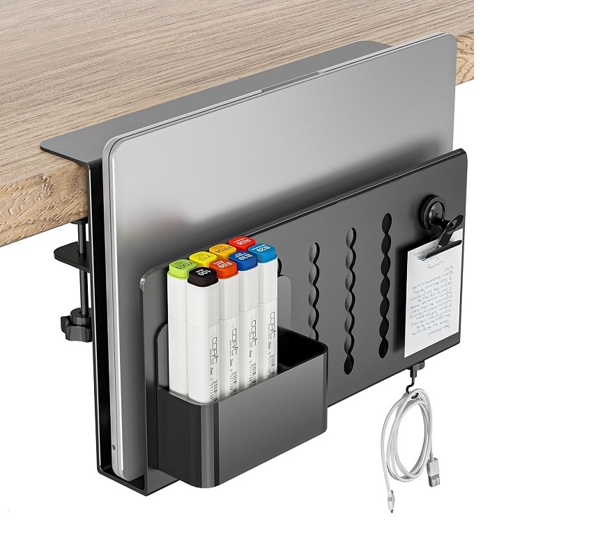 Desk Side Storage,No Drill Vertical Laptop Holder,Laptop Under Desk Storage Side Mount Clamp on laptop shelf