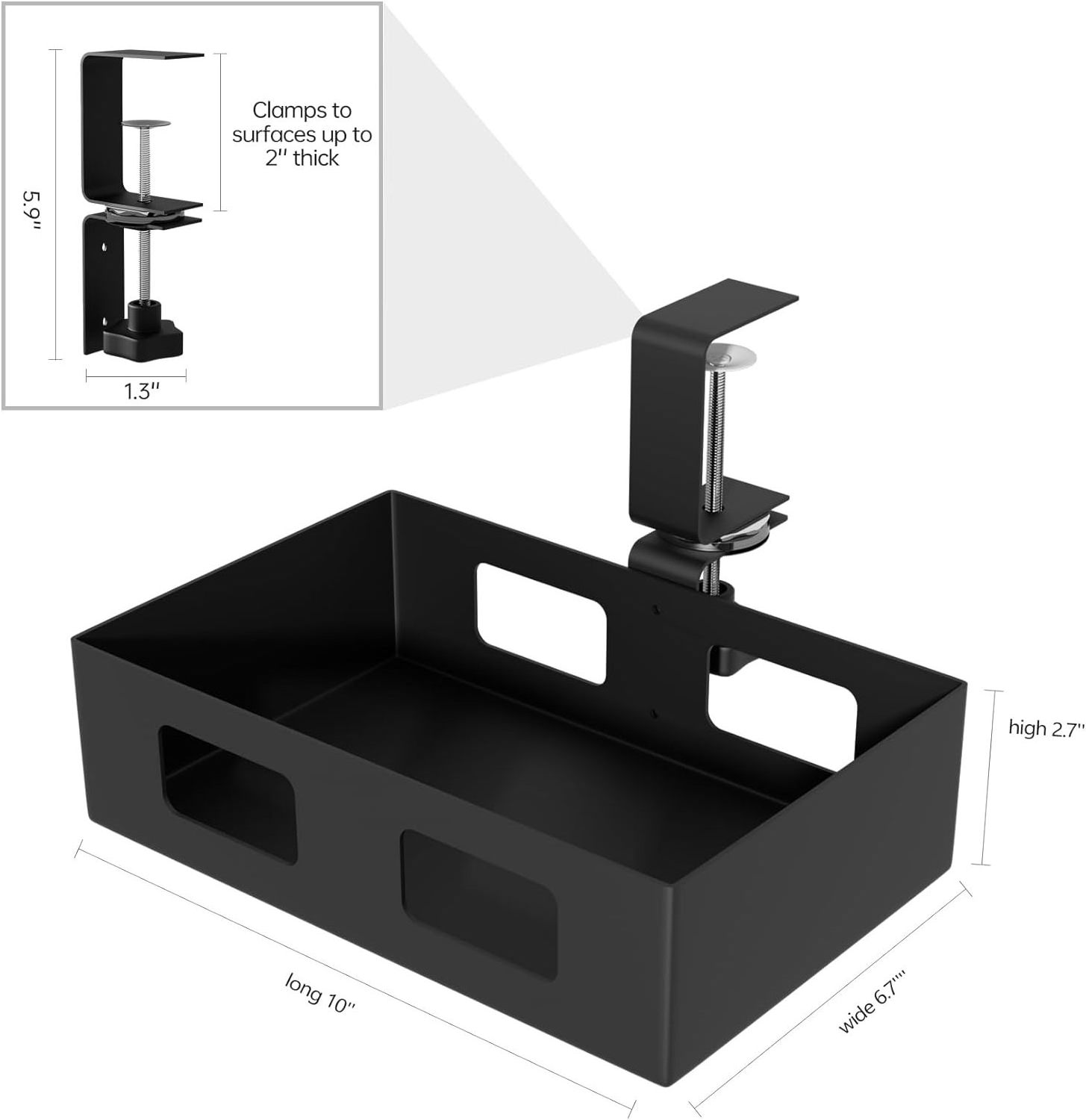 Clamp-on Side Desk Swivel Organizer, Under Desk Hidden Storage Drawer with Cable Hole, Hanging Desk Rotated Metal Basket