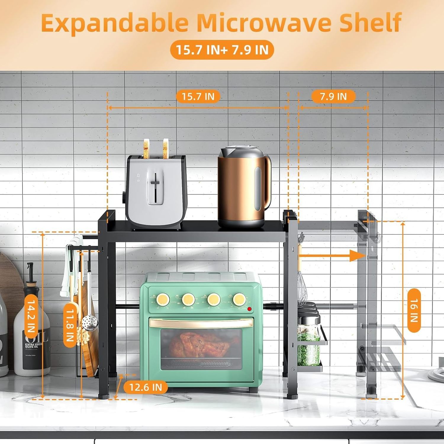 Adjustable Microwave Oven Rack Heavy Duty 2-Tier Shelf with Hooks for Kitchen Shelves CounterTop Organizer