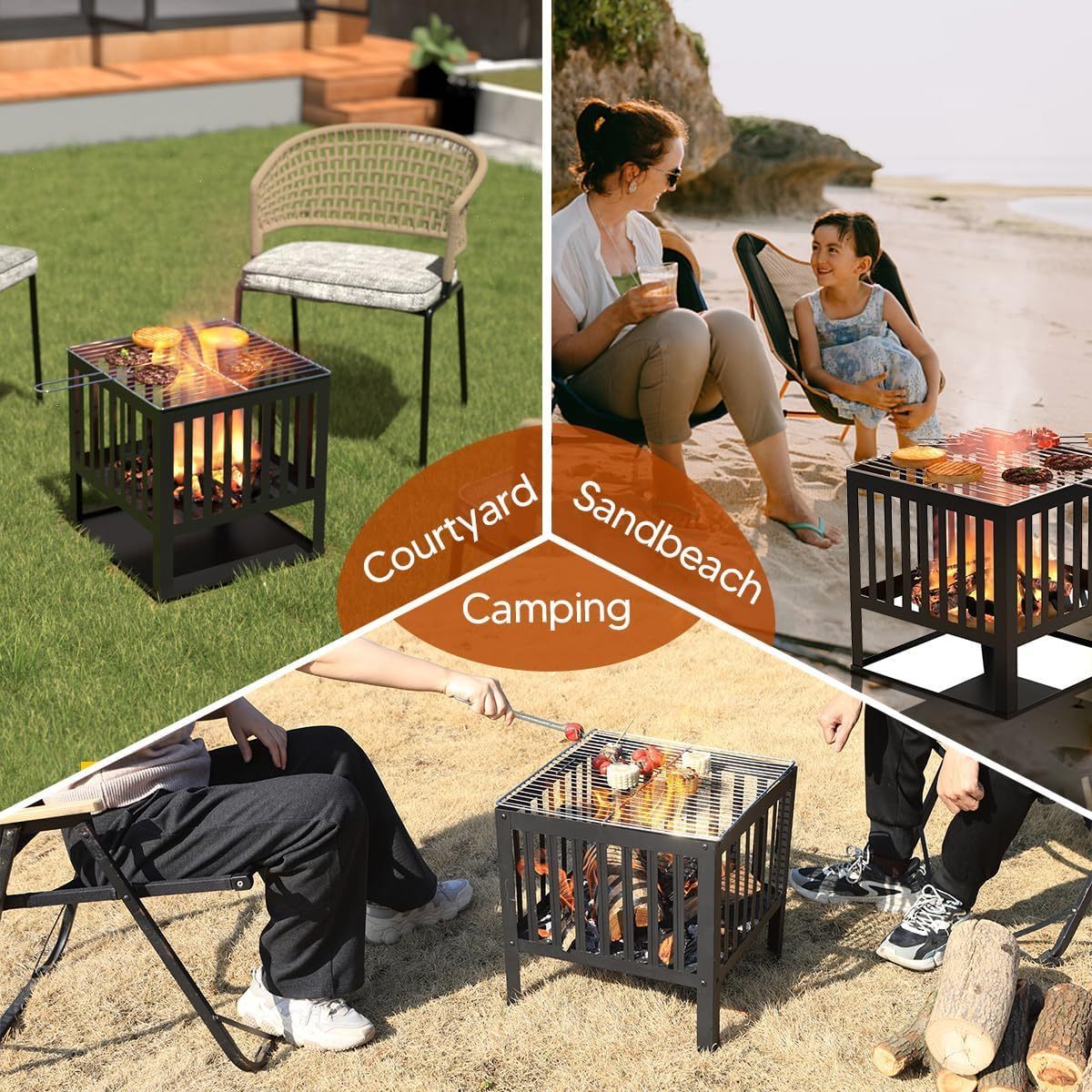 Outdoor Fire Pit 15.7'' Square Metal Wood Burning Firepit Stove Backyard Patio Garden Fireplace for Camping