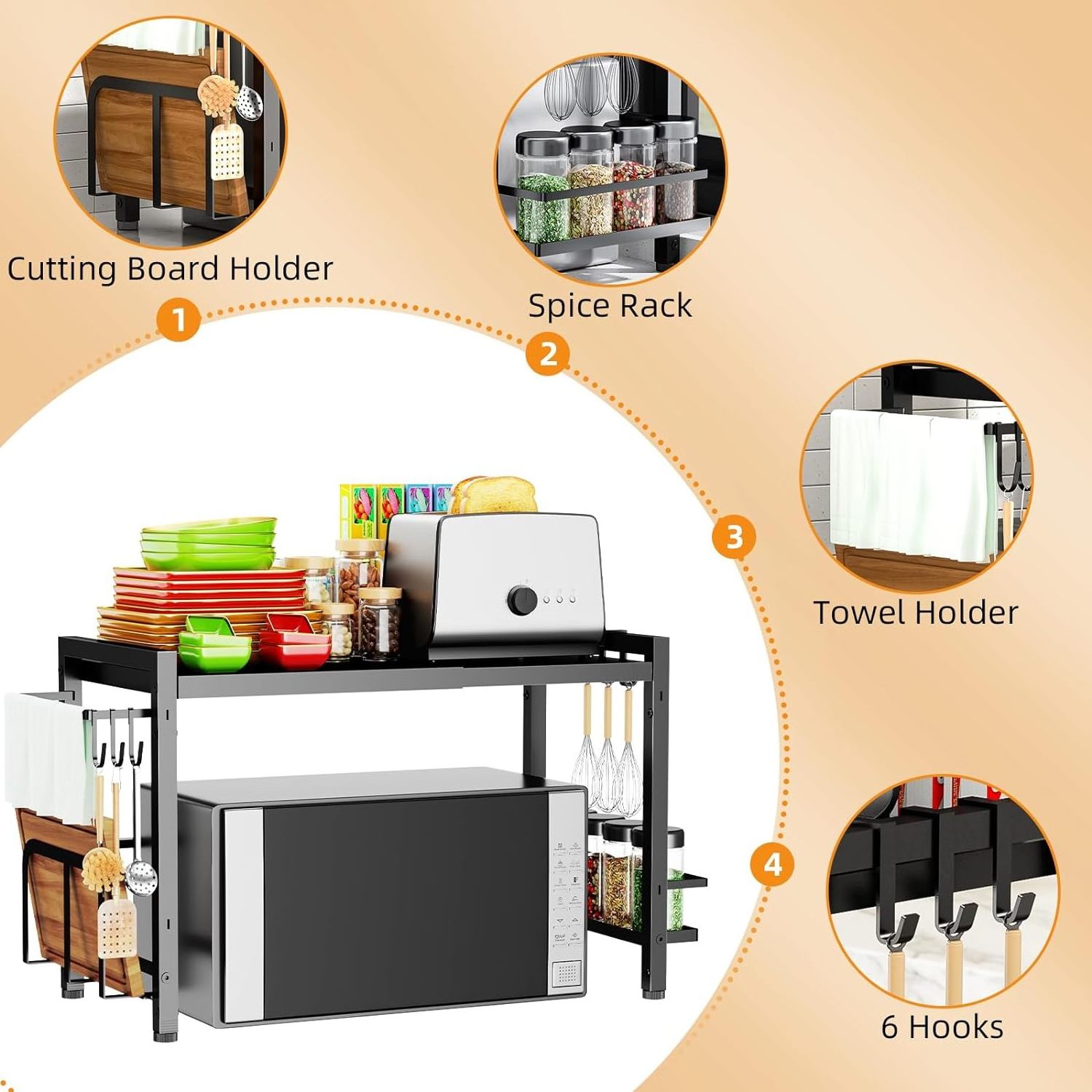 Adjustable Microwave Oven Rack Heavy Duty 2-Tier Shelf with Hooks for Kitchen Shelves CounterTop Organizer