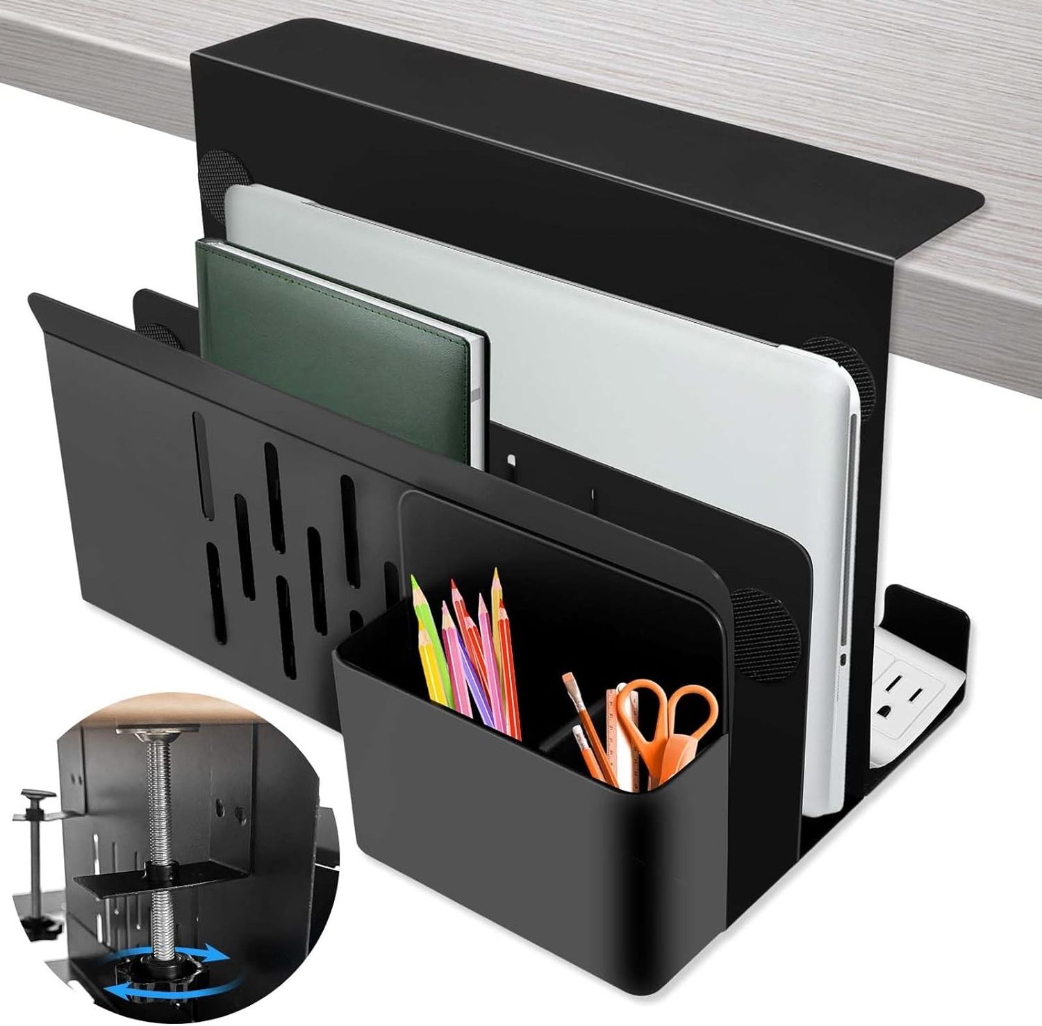 Under Desk Side Mount 2 Tier Organizer No Drill Laptop Holder Magnetic Pen Holder Document Shelf Cable Duct for Office Home