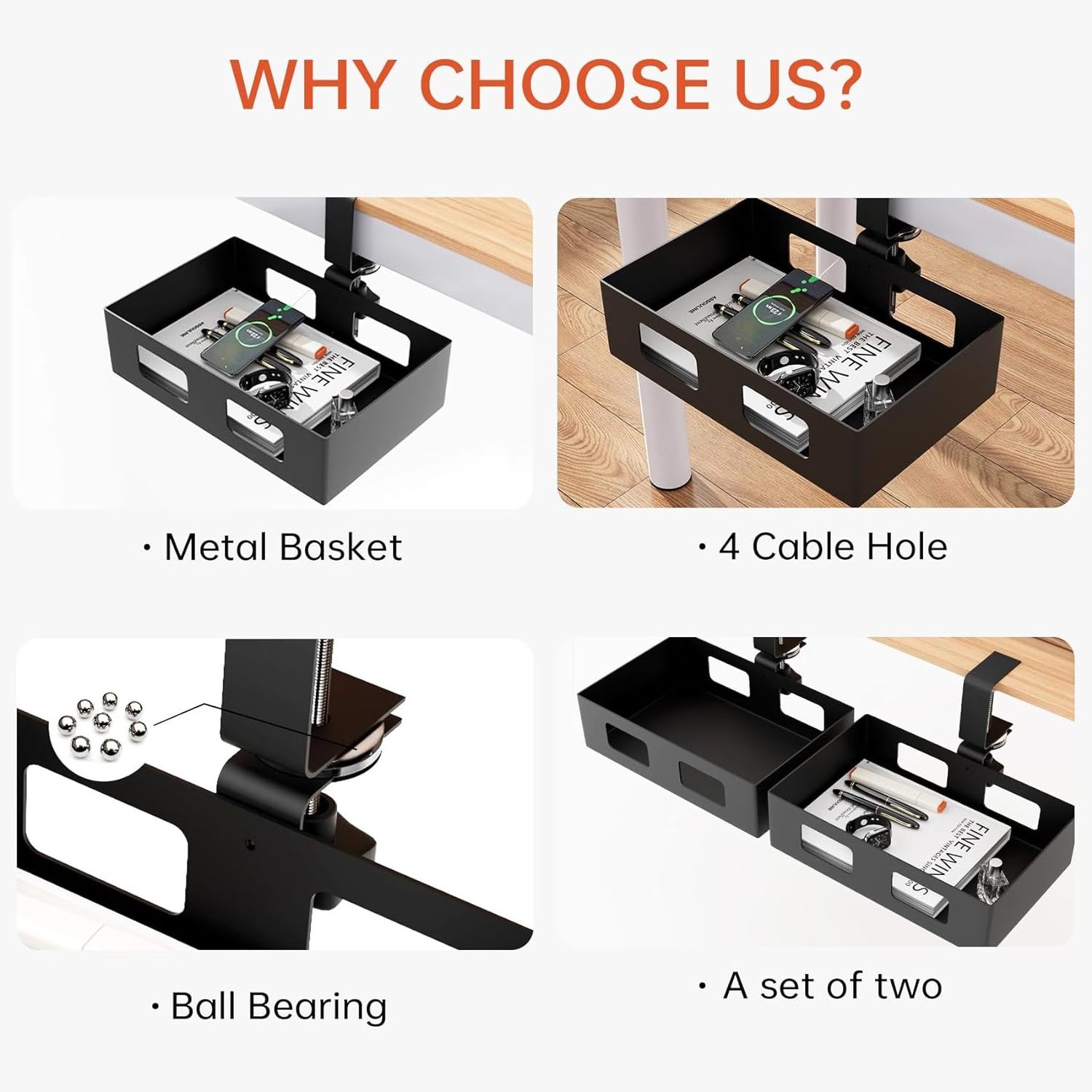 Clamp-on Side Desk Swivel Organizer, Under Desk Hidden Storage Drawer with Cable Hole, Hanging Desk Rotated Metal Basket