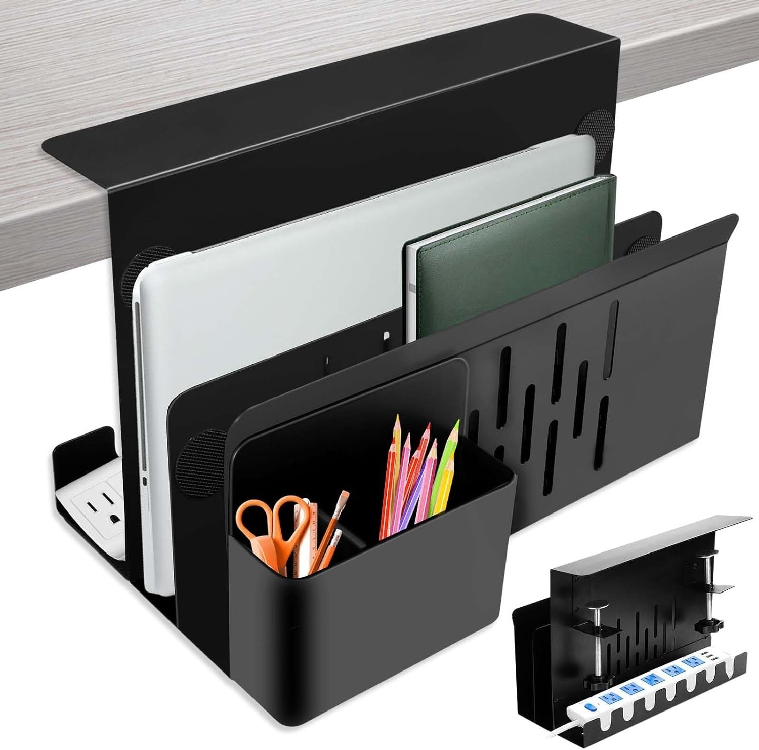 Under Desk Storage 2 Tier Hanging Desk Organizer No Drill Alloy Steel Laptop Holder Cable File Organizer for Office Home