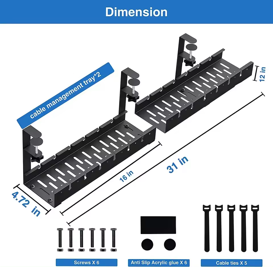 Smart No Drill  Width Adjustable Large Capacity Under Desk Cable Management Tray  Desktop Cable Storage Organizer with Clip