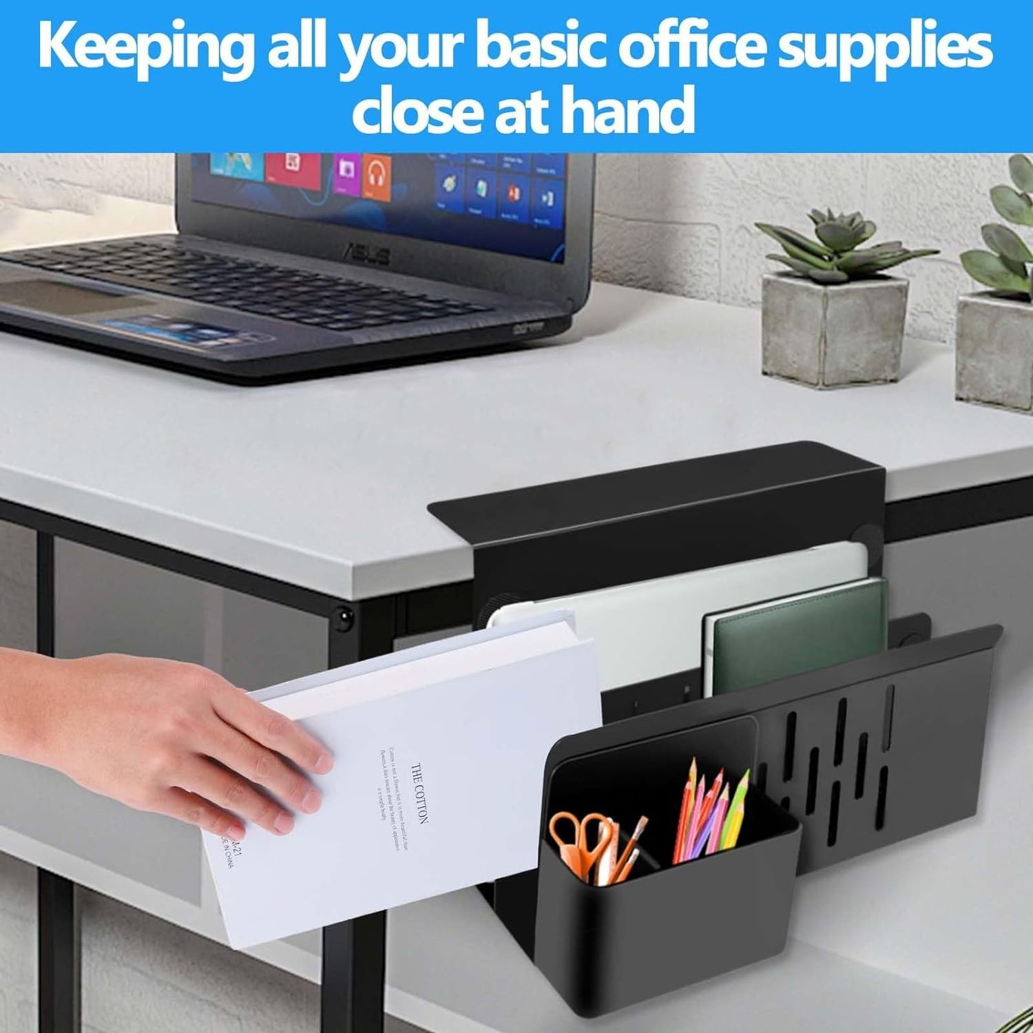 Under Desk Side Mount 2 Tier Organizer No Drill Laptop Holder Magnetic Pen Holder Document Shelf Cable Duct for Office Home