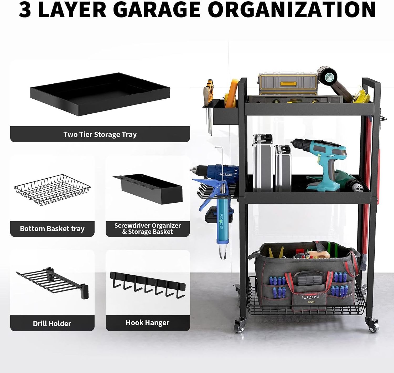 Power Tool Organizer Shelving Tool Holder 3 Tier Drill Rack Shelf Rolling Cart Open Tools Chest Cabinet with Wheels Workshop