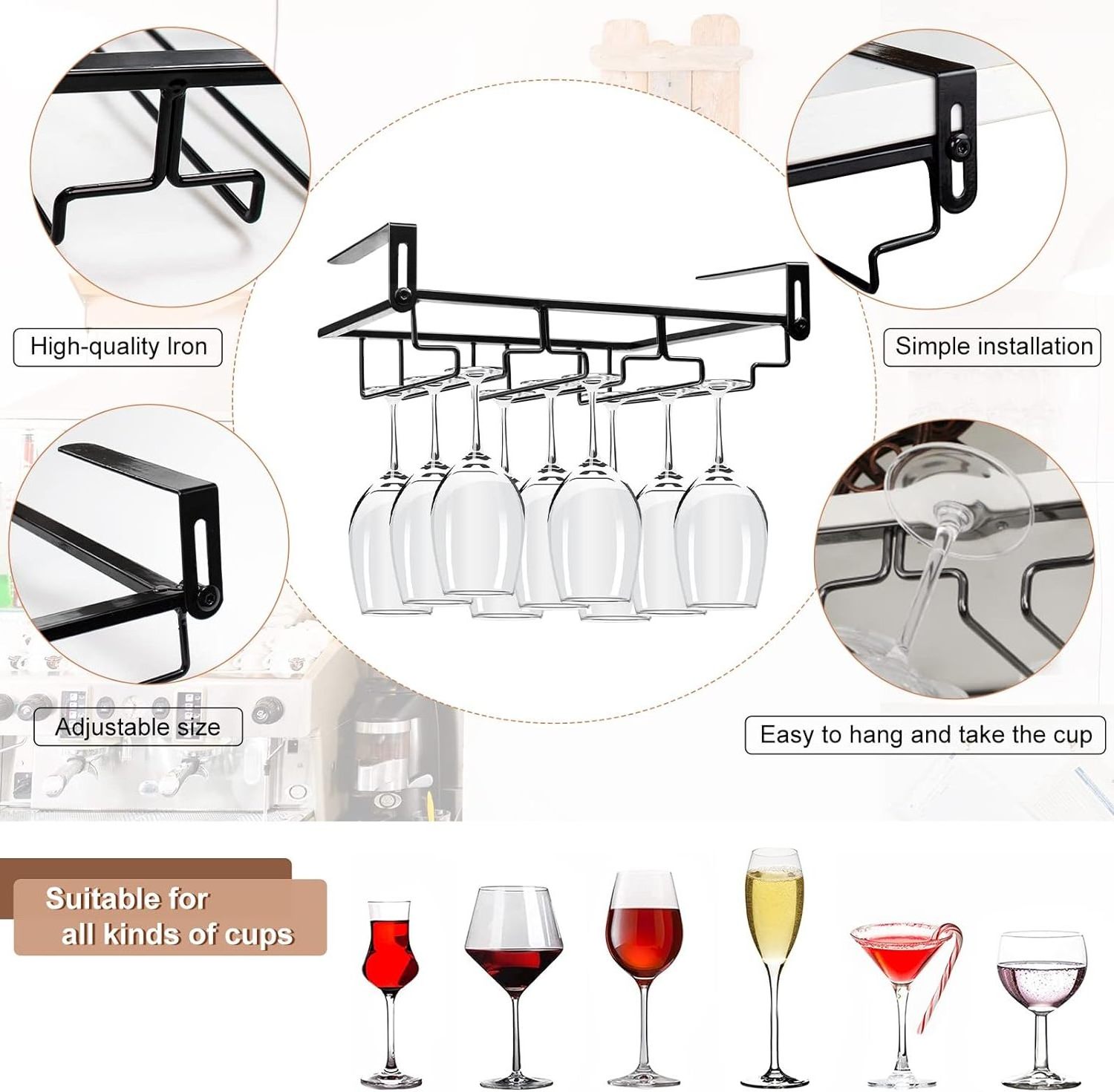 Under Cabinet Stemware Wine Glass Holder Glasses Storage Hanger Metal Hanging Organizer for Bar Kitchen 4 Rows