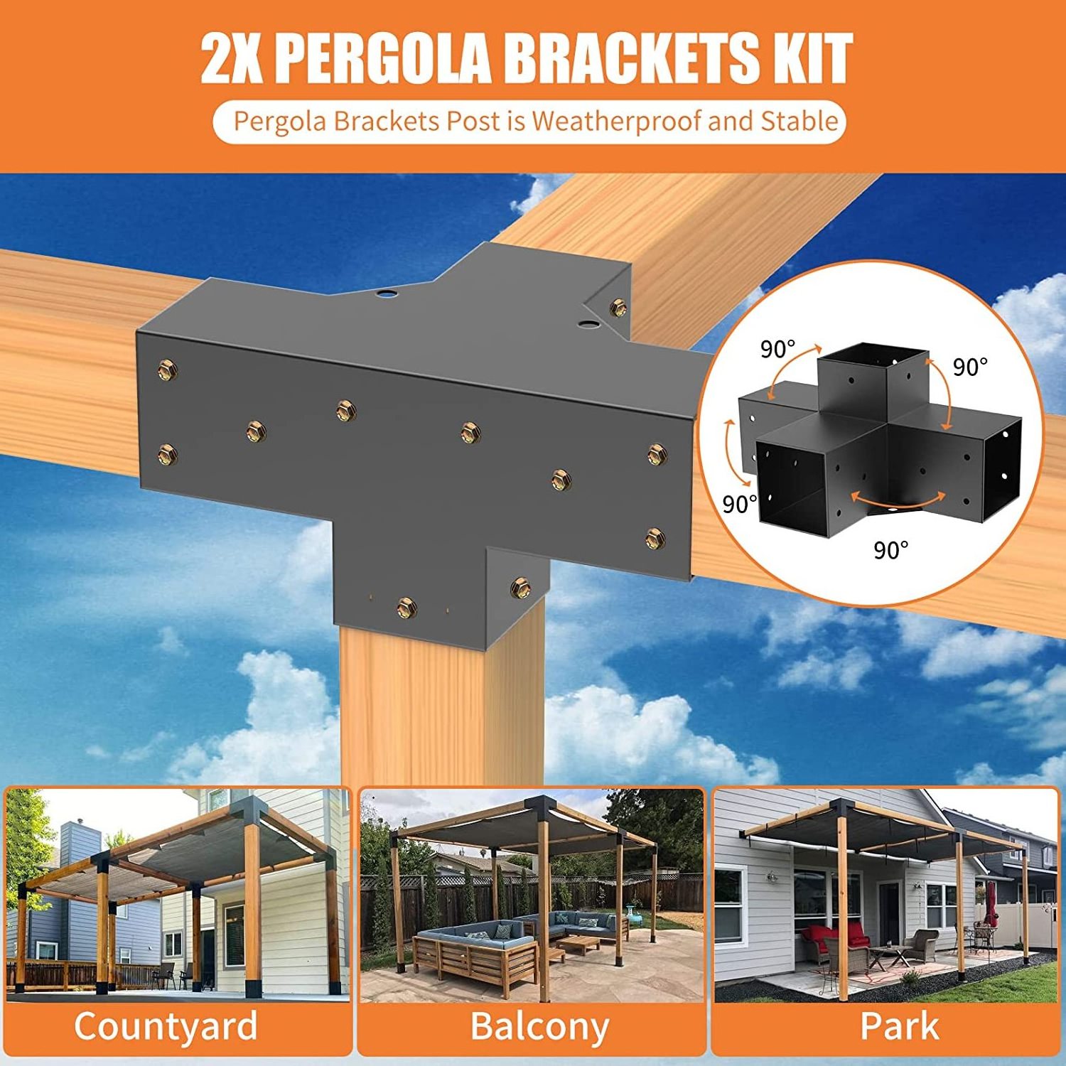 Woodworks  pergola Brackets 4-Way Right Angle Corner Bracket DIY Elevated Wood Stand Lumber Pergola Gazebo