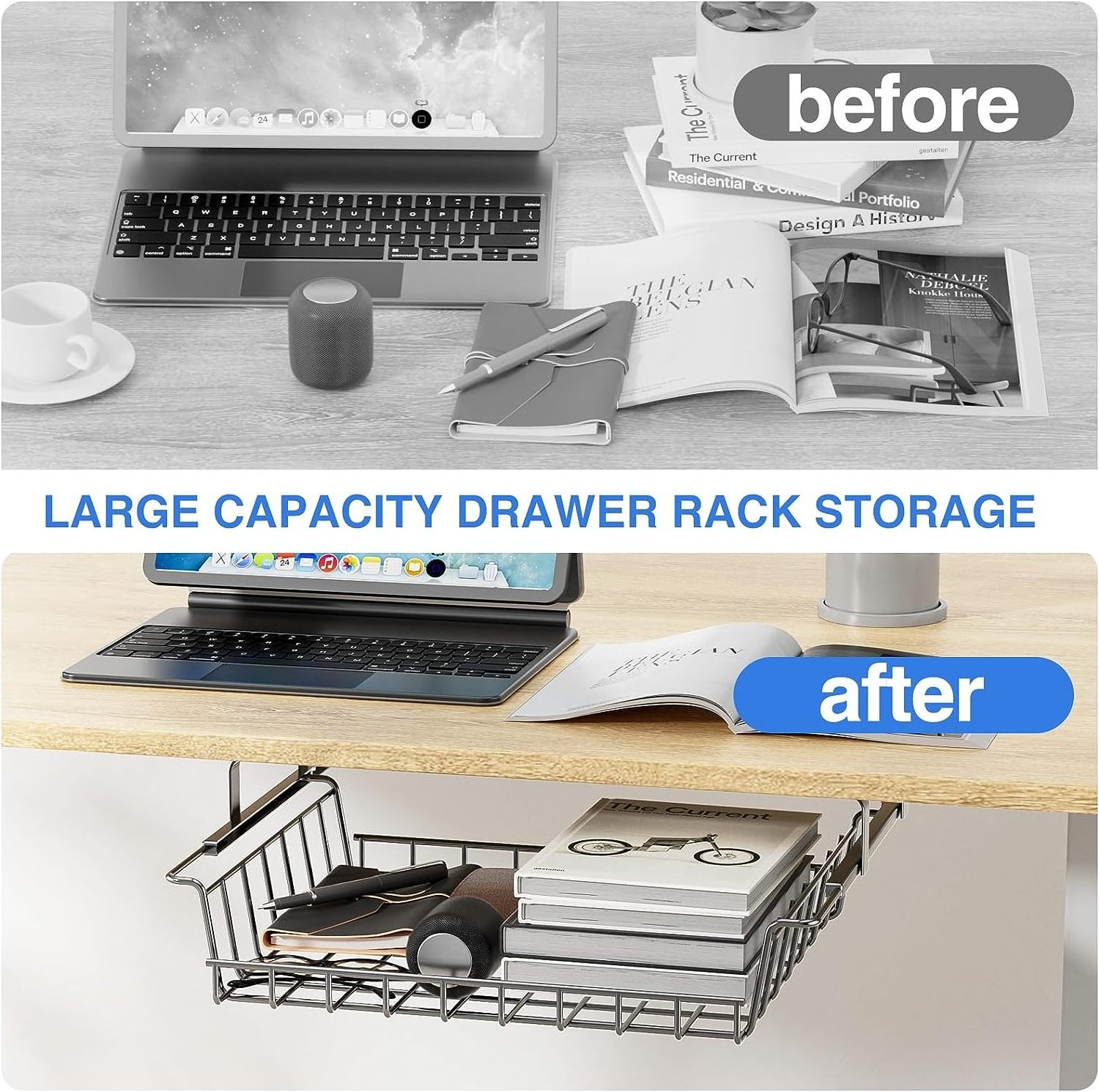 Under Desk Computer Baskets Under Desk Storage Shelf Table Cable Management Slide Out Metal Under ...