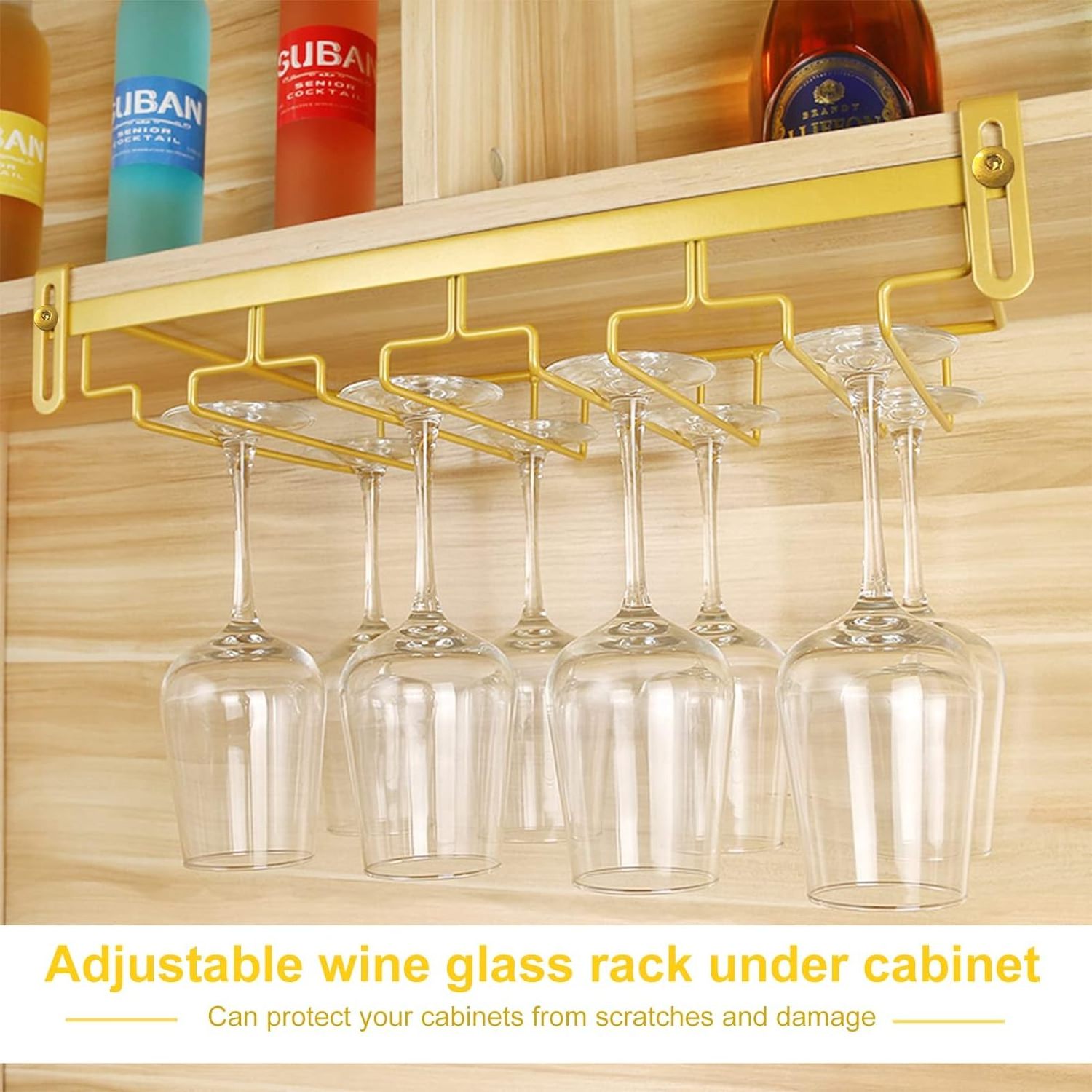 Under Cabinet Stemware Wine Glass Holder Glasses Storage Hanger Metal Hanging Organizer for Bar Kitchen 4 Rows