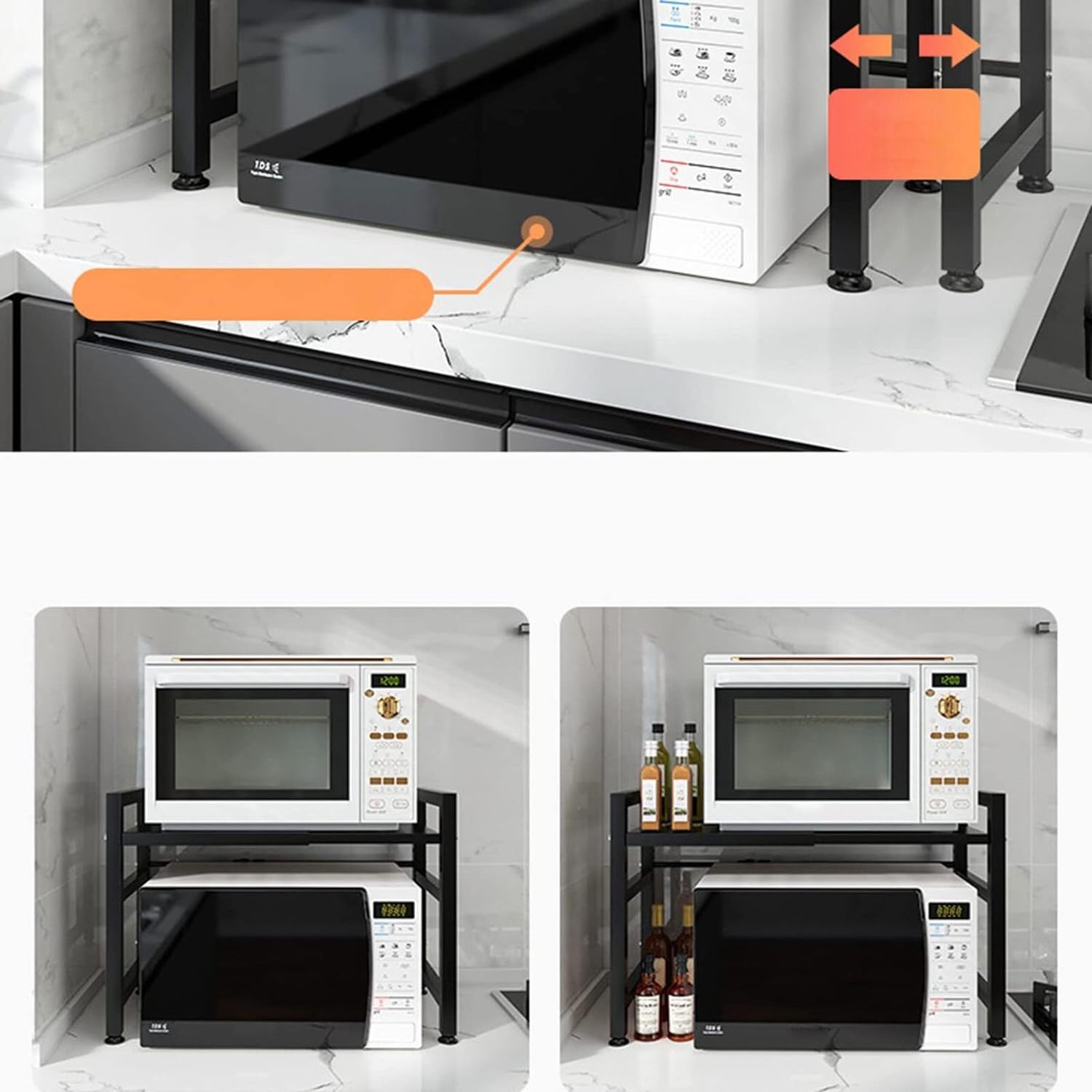 Expandable Microwave Oven Rack 2 Tier Carbon Steel Microwave Shelf Stand Height Adjustable Kitchen Countertop Organizer