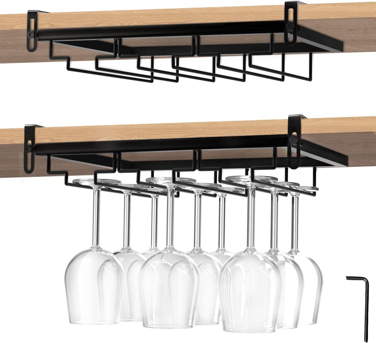 Under Cabinet Stemware Wine Glass Holder Glasses Storage Hanger Metal Hanging Organizer for Bar Kitchen 4 Rows