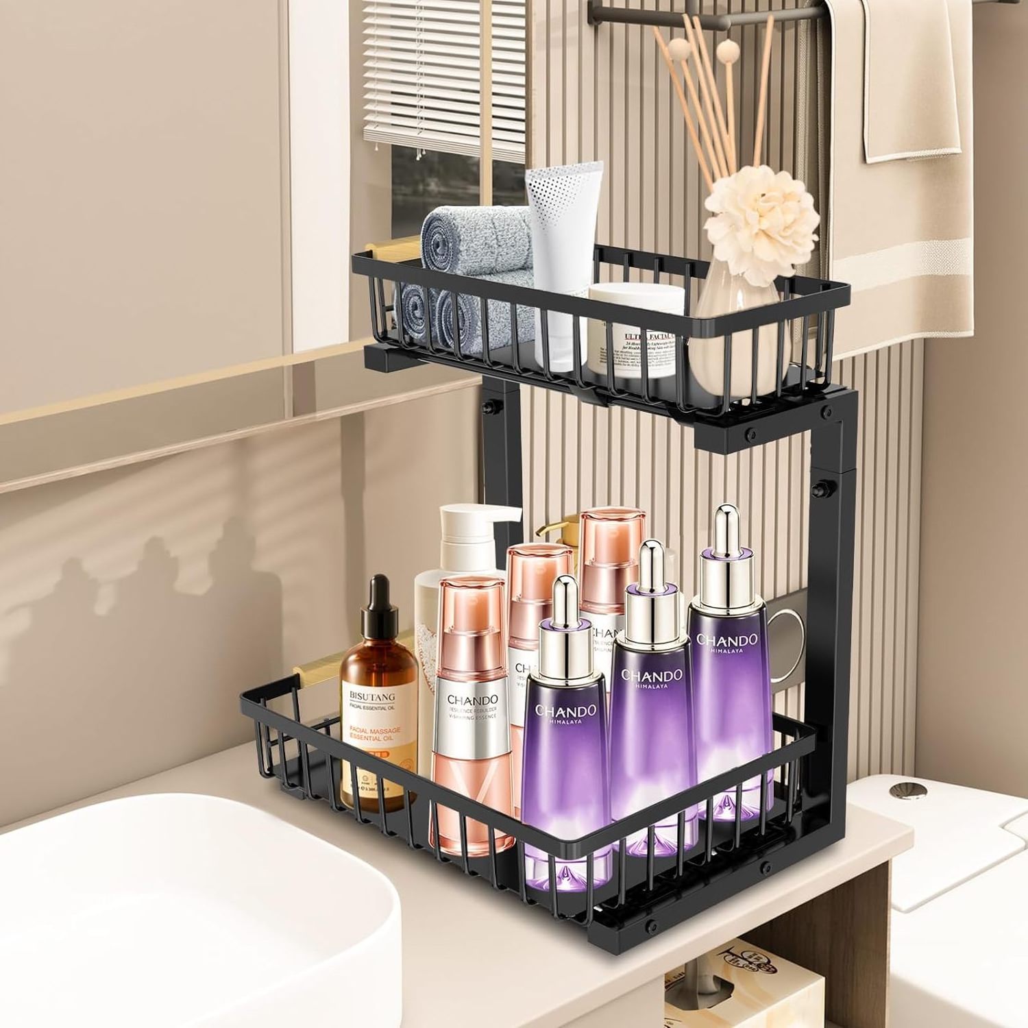 Under Sink Storage,Pull Out Bathroom Cabinet Organizer Adjustable Height Shelf Basket Extra Rustproof Counter Organization