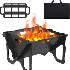 18" 20" Outdoor Wood Burning with Grill Pan 2 in 1 Metal Portable Firepit with BBQ Tray Foldable Log Stove Fireplace