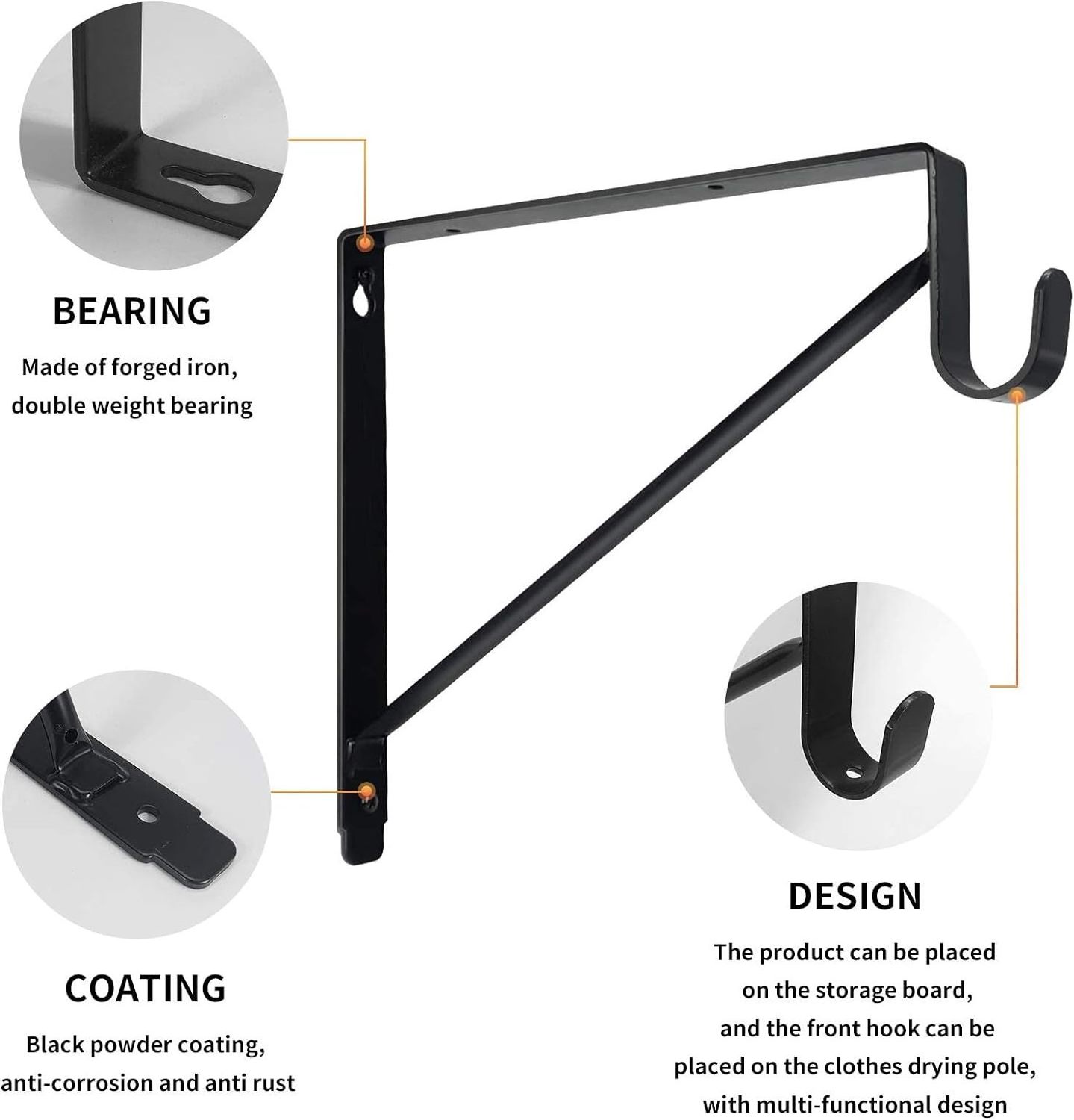 Heavy Duty Closet Shelf Bracket & Rod Brackets flexible Black Clothing Hanger Pole Shelves Brackets for Hanging Rod