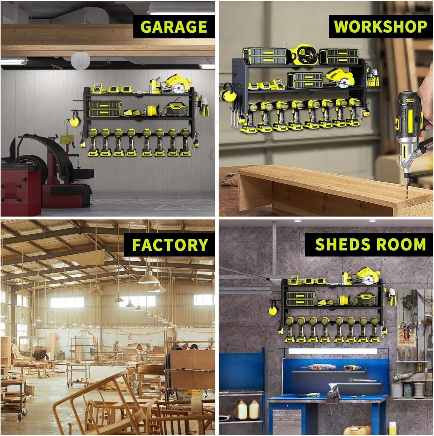 Large 8 Drill Holder Wall Mount with 2 Side Peg boards Storage Rack for Garage Organization,Utility Battery Shelves