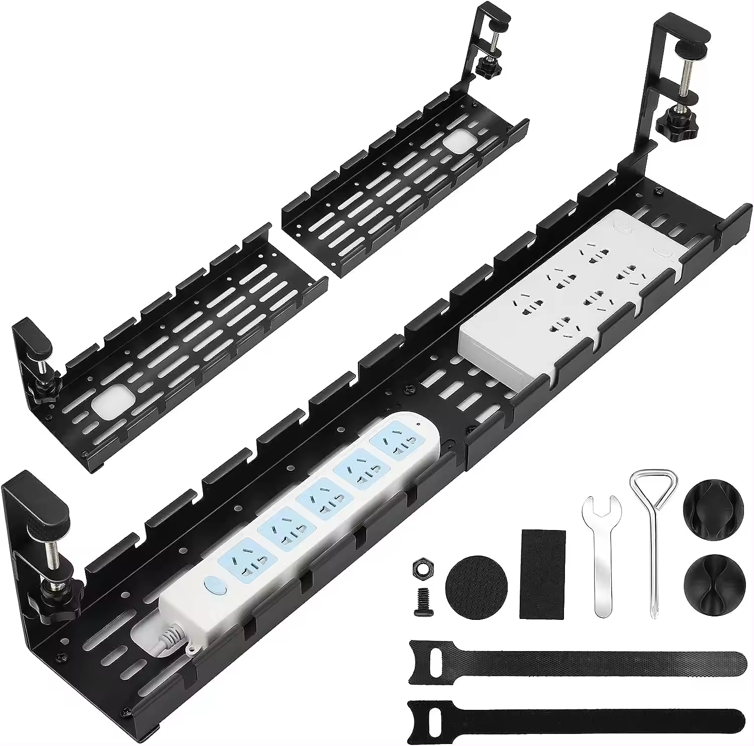 Smart No Drill  Width Adjustable Large Capacity Under Desk Cable Management Tray  Desktop Cable Storage Organizer with Clip