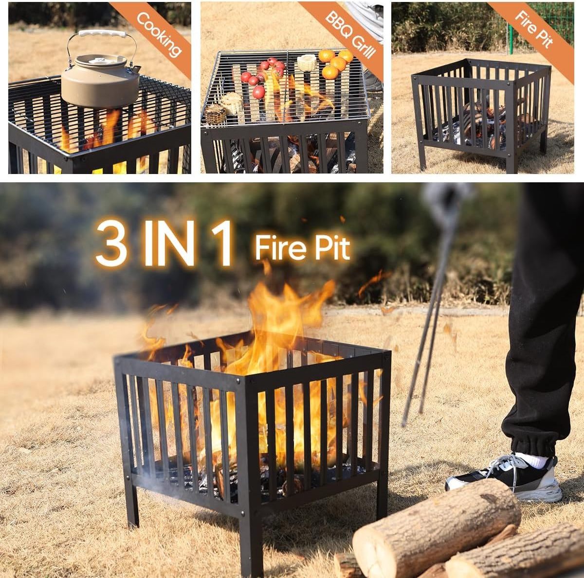 Outdoor Fire Pit 15.7'' Square Metal Wood Burning Firepit Stove Backyard Patio Garden Fireplace for Camping