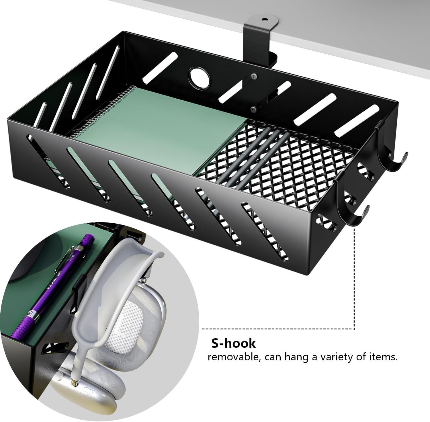 Under Desk Organizer,Table Management Tray, Swivel Pencil Drawer, 360 Spin Hidden Storage Box,Easy Install,Strong and Durable