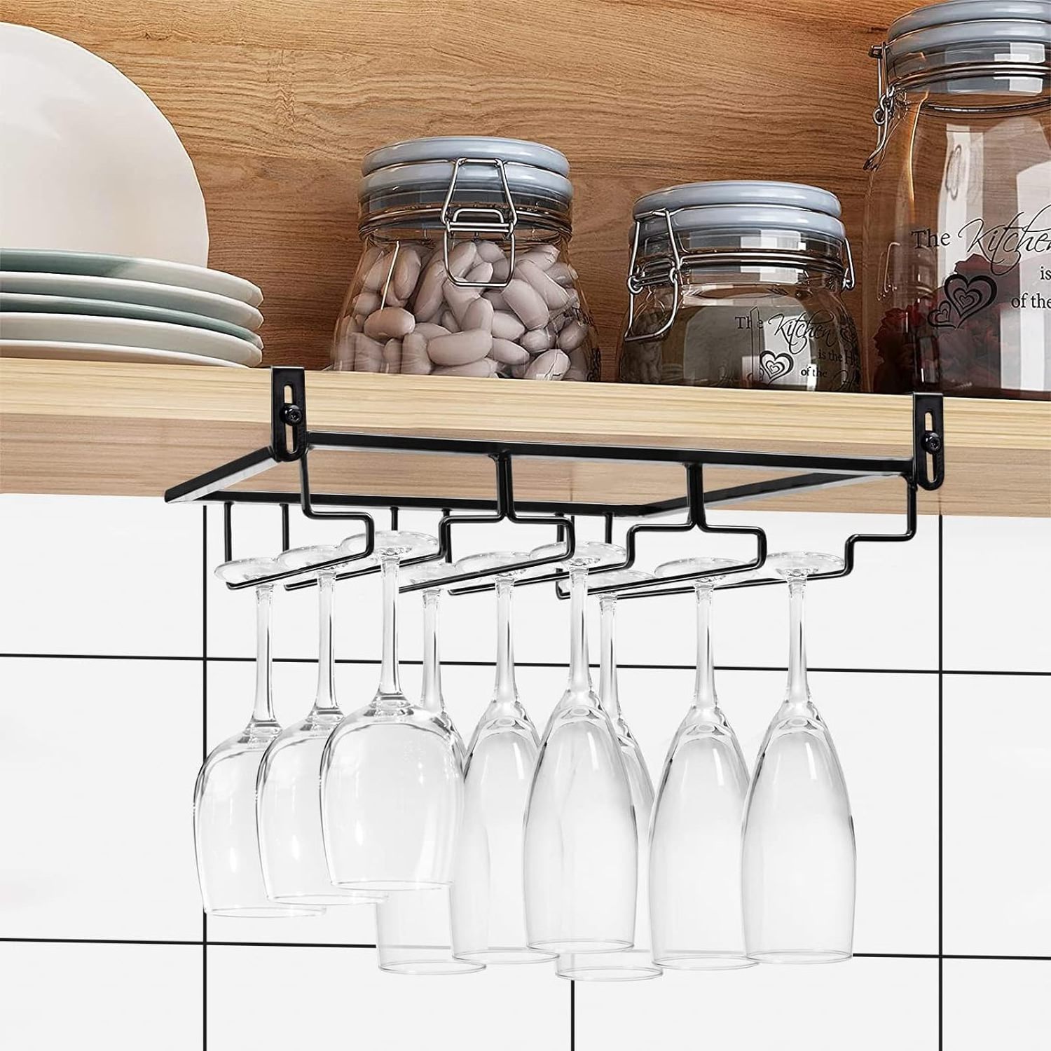 Under Cabinet Stemware Wine Glass Holder Glasses Storage Hanger Metal Hanging Organizer for Bar Kitchen 4 Rows