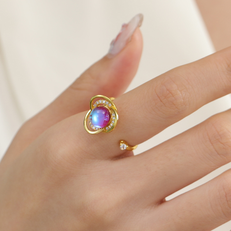 Copper rotatable lucky flower three-leaf ring female 18k gold dreamstone colorful stone decompression copper opening ring