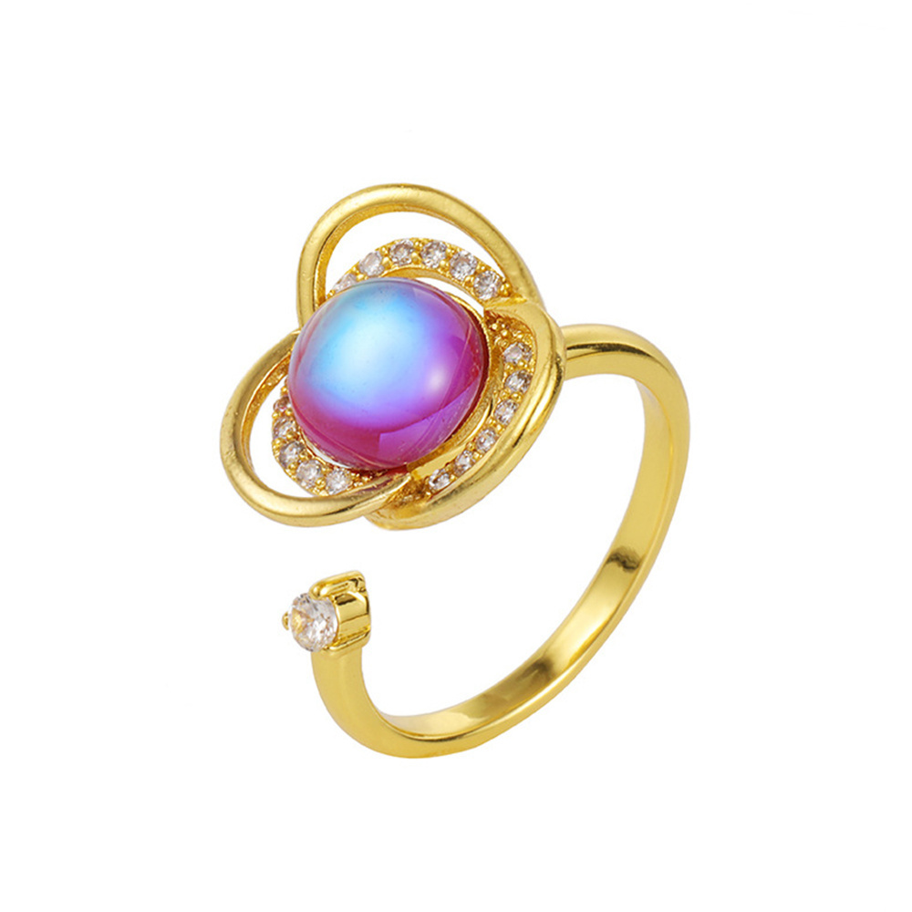 Copper rotatable lucky flower three-leaf ring female 18k gold dreamstone colorful stone decompression copper opening ring