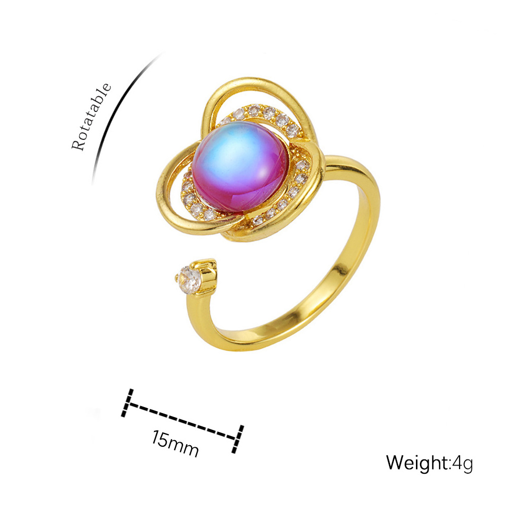 Copper rotatable lucky flower three-leaf ring female 18k gold dreamstone colorful stone decompression copper opening ring