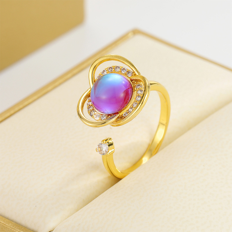 Copper rotatable lucky flower three-leaf ring female 18k gold dreamstone colorful stone decompression copper opening ring