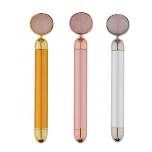 Custom Logo 24k Gold Beauty Bar Skin Lifting Eye Massage Vibrating Pink Quartz Electric Jade Roller