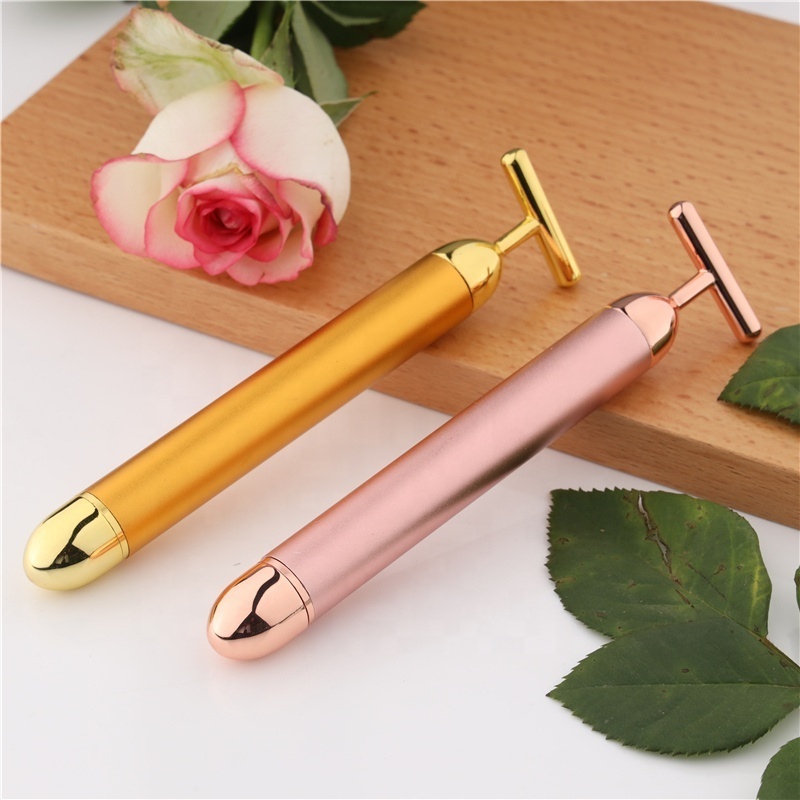 2024 Hot Selling T-Shape Electric Metal Roller Pulse Facial Massager Vibrating 24K Gold Energy Beauty Bar