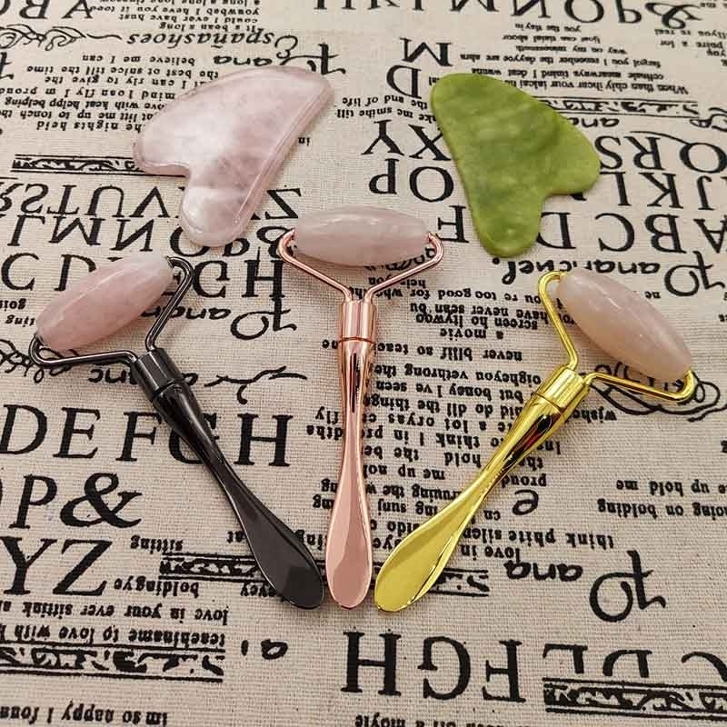 Custom Logo Facial Massage Roller Wrinkle Remove Face Lifting Rose Gold Quartz Gua Sha Jade Roller