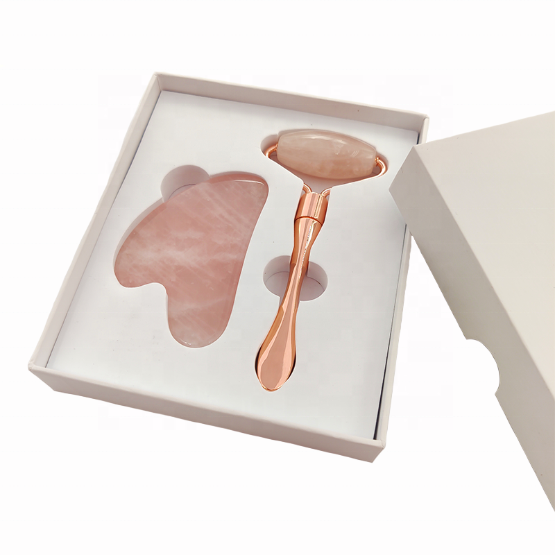 Custom Logo Facial Massage Roller Wrinkle Remove Face Lifting Rose Gold Quartz Gua Sha Jade Roller