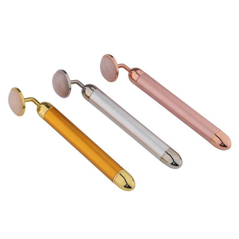 Custom Logo 24k Gold Beauty Bar Skin Lifting Eye Massage Vibrating Pink Quartz Electric Jade Roller