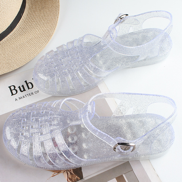 Fashion Spring Outdoor Casual Transparency Crystal Flat Roman Pvc Jelly Shoes For Women