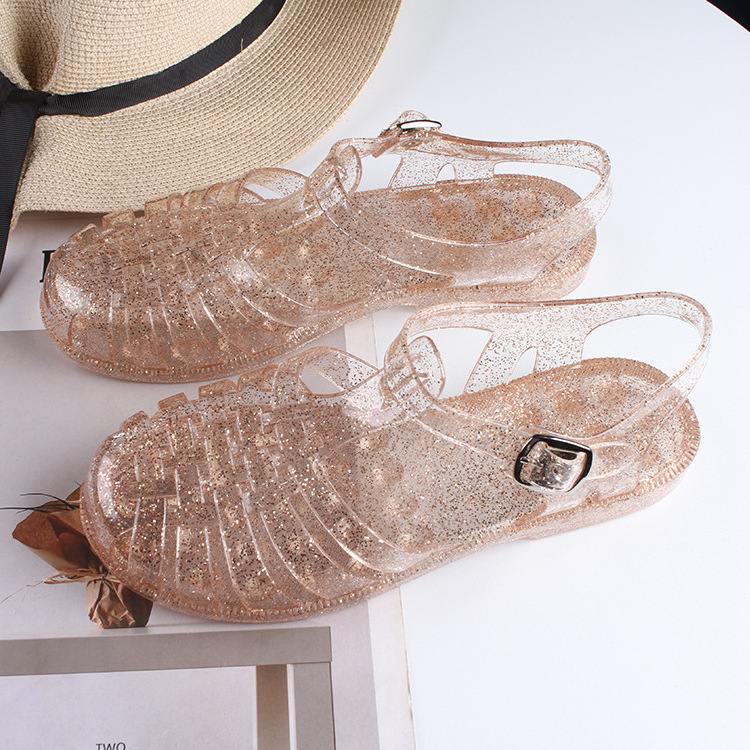 Fashion Spring Outdoor Casual Transparency Crystal Flat Roman Pvc Jelly Shoes For Women