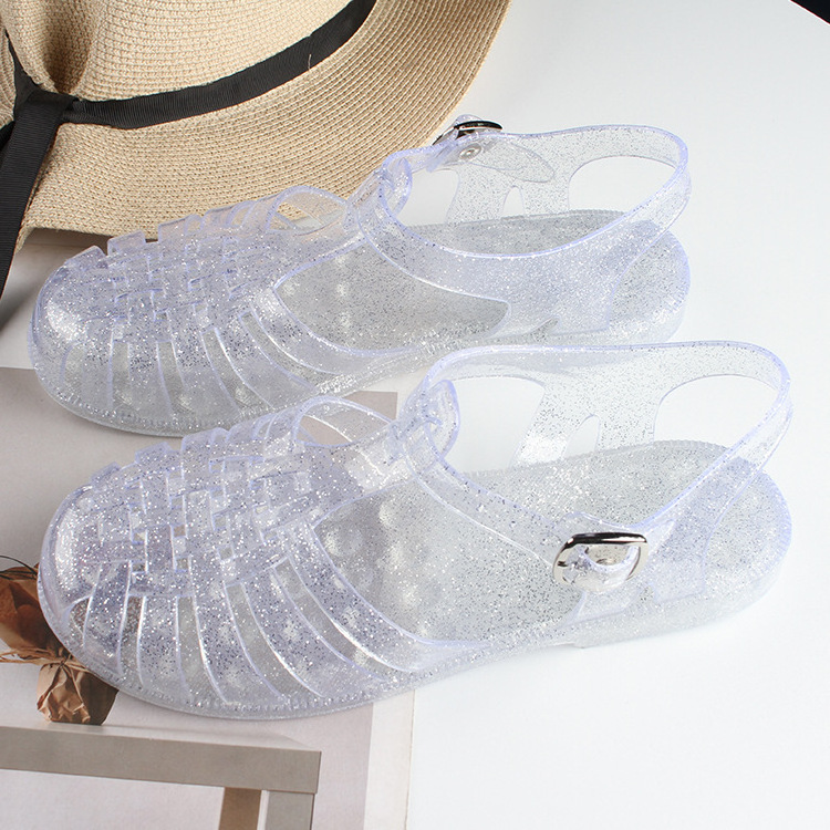 Fashion Spring Outdoor Casual Transparency Crystal Flat Roman Pvc Jelly Shoes For Women