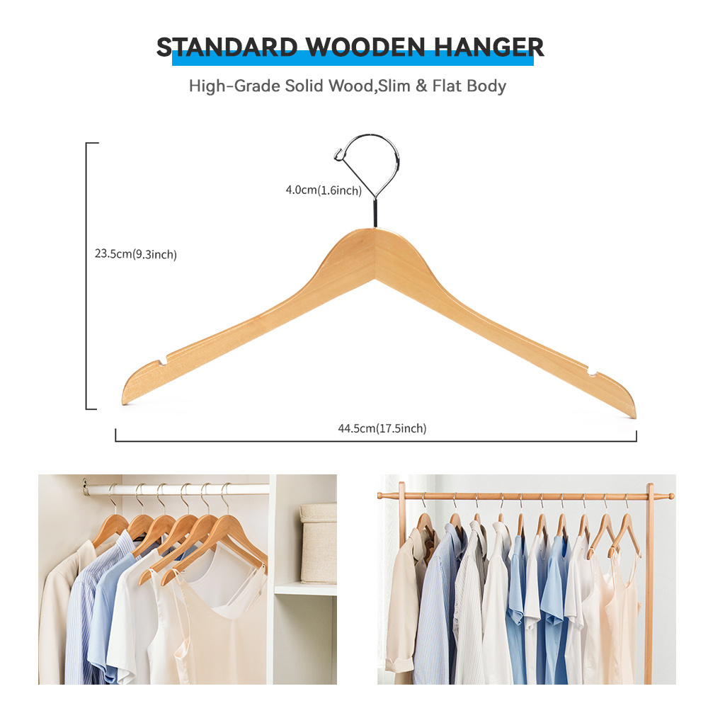 XUNZE  Wooden Hangers Natura Color Suit Clothes Hanger with Non Slip Pants Bar