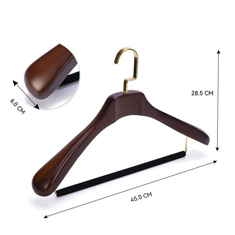 Luxury Wooden Suit Clothes Hangers Hot Selling High Quality Customized with Gold Square Hook Antique Single Wooden Rack