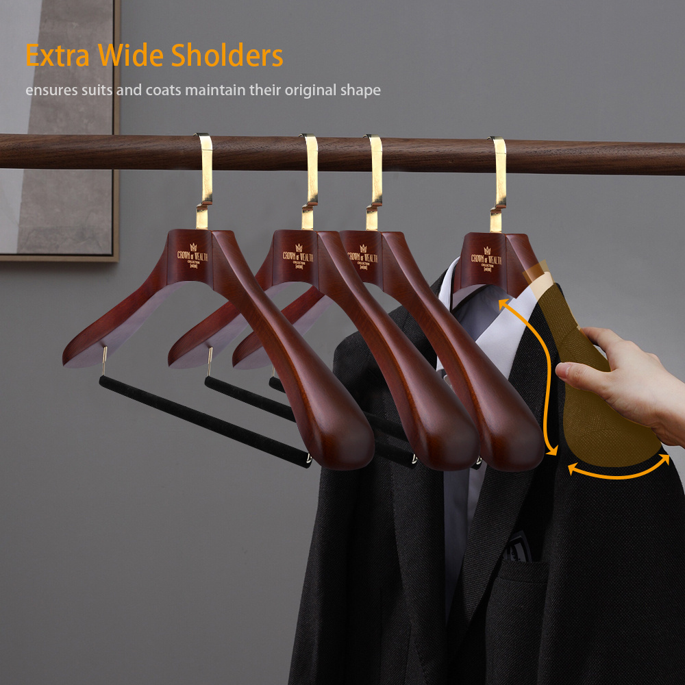 Luxury Wooden Suit Clothes Hangers Hot Selling High Quality Customized with Gold Square Hook Antique Single Wooden Rack