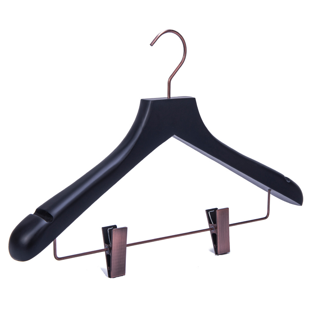 Wide Shoulder Wooden Garment Hanger with Clips Black Suit/Shirt/ Skirt Rack for Store Wardrobe & Bathroom Single Tier Spot Goods