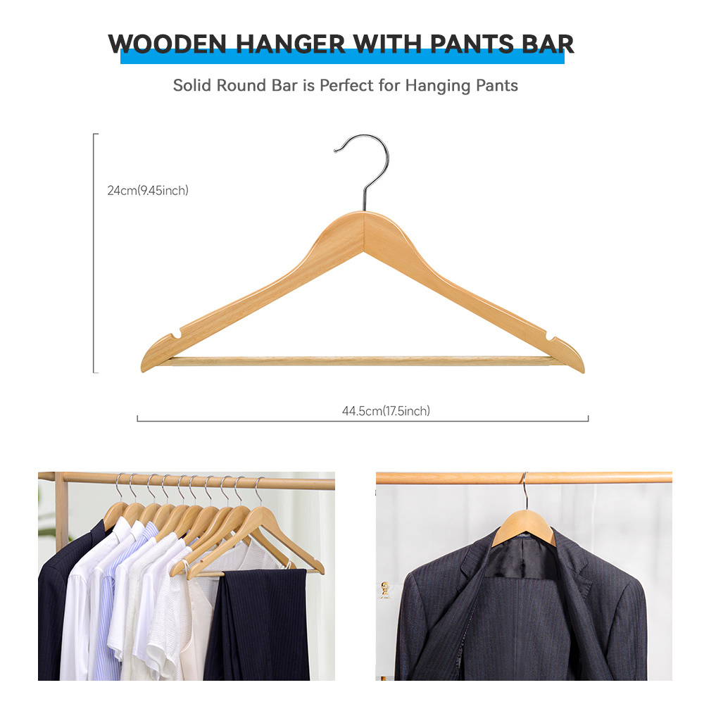 XUNZE  Wooden Hangers Natura Color Suit Clothes Hanger with Non Slip Pants Bar