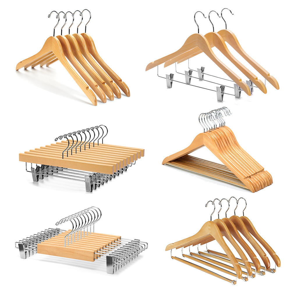 XUNZE  Wooden Hangers Natura Color Suit Clothes Hanger with Non Slip Pants Bar