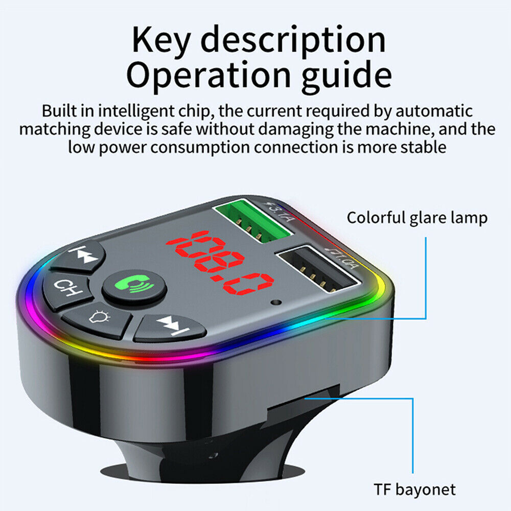 BT 5.0 Wireless Car FM Transmitter MP3 Player 2USB Car Charger Kit RGB Light