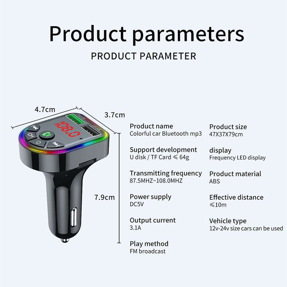 BT 5.0 Wireless Car FM Transmitter MP3 Player 2USB Car Charger Kit RGB Light