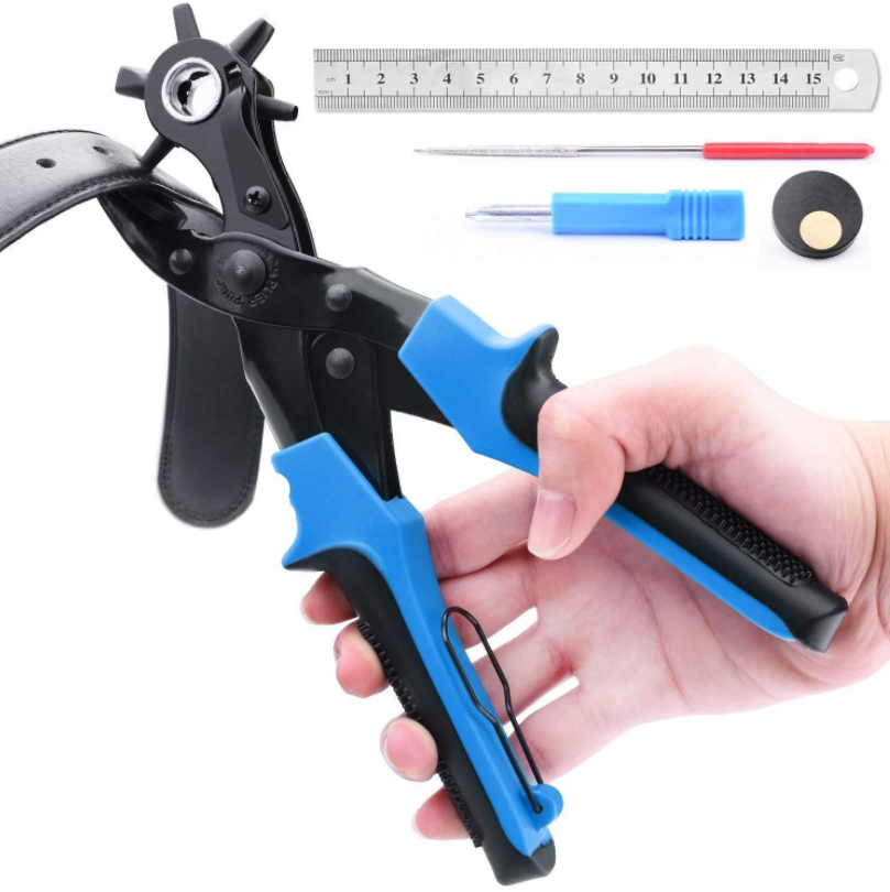 Leather Hole Punch Tool For Belts with Ruler, Screwdriver, Punch Plate and Awl Tool, Hole Puncher For Fabric