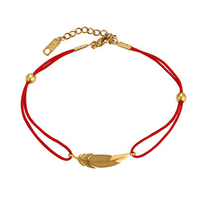 74704 Women's vintage red rope gold feather charm colombian handmade bracelet